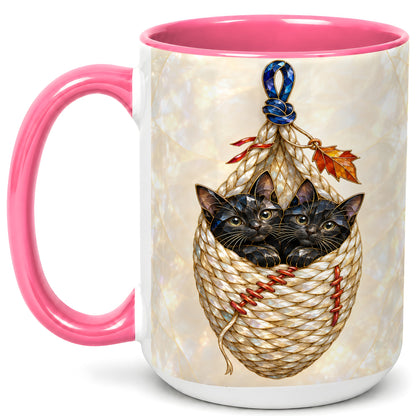 #pl[15oz|Pink] Stained Glass Black Cats Coffee Mug, Cat Basket Mug, Ceramic Cup