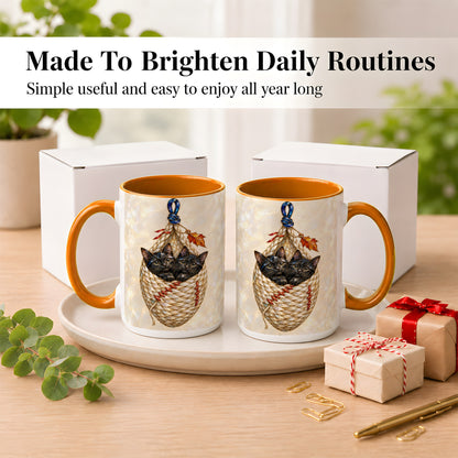 #pl[15oz|Orange] Stained Glass Black Cats Coffee Mug, Cat Basket Mug, Ceramic Cup