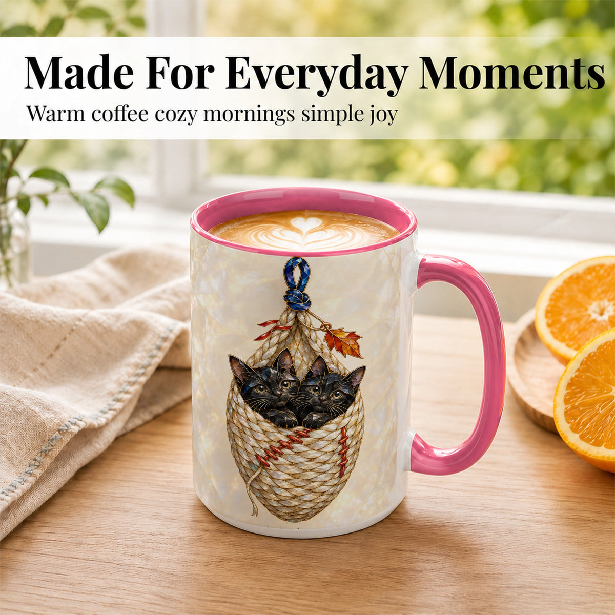 #pl[15oz|Pink] Stained Glass Black Cats Coffee Mug, Cat Basket Mug, Ceramic Cup