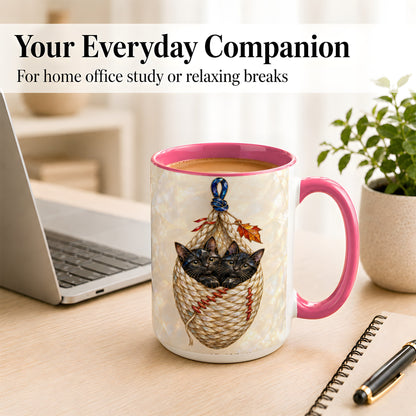 #pl[15oz|Pink] Stained Glass Black Cats Coffee Mug, Cat Basket Mug, Ceramic Cup
