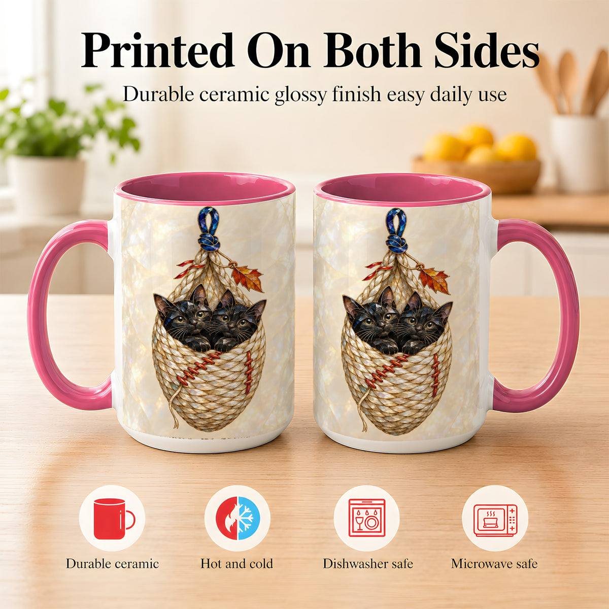 #pl[15oz|Pink] Stained Glass Black Cats Coffee Mug, Cat Basket Mug, Ceramic Cup