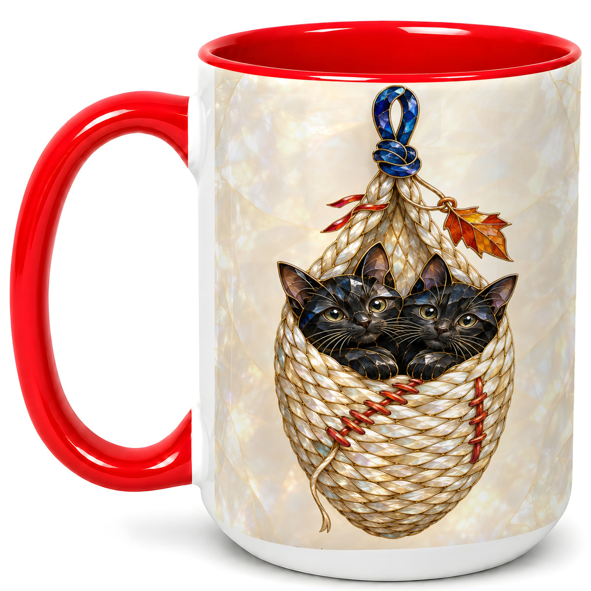 #pl[15oz|Red] Stained Glass Black Cats Coffee Mug, Cat Basket Mug, Ceramic Cup