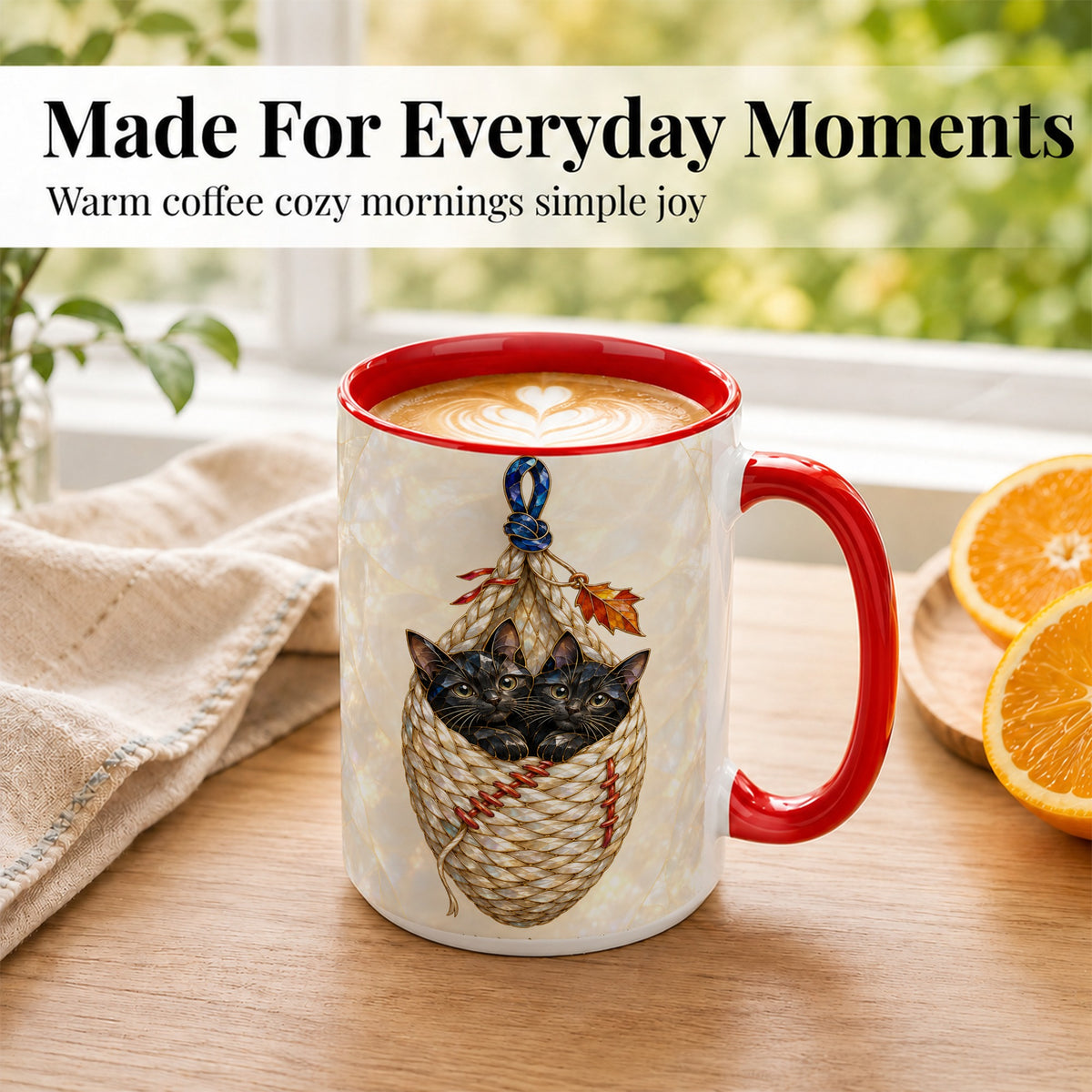 #pl[15oz|Red] Stained Glass Black Cats Coffee Mug, Cat Basket Mug, Ceramic Cup