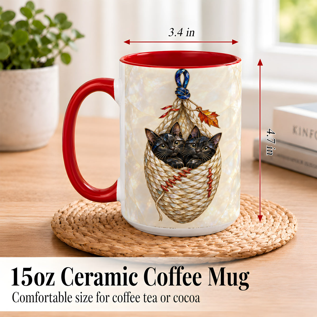 #pl[15oz|Red] Stained Glass Black Cats Coffee Mug, Cat Basket Mug, Ceramic Cup