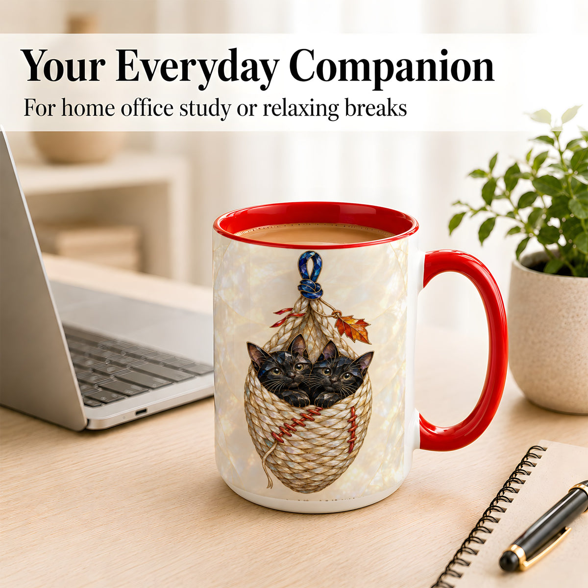 #pl[15oz|Red] Stained Glass Black Cats Coffee Mug, Cat Basket Mug, Ceramic Cup