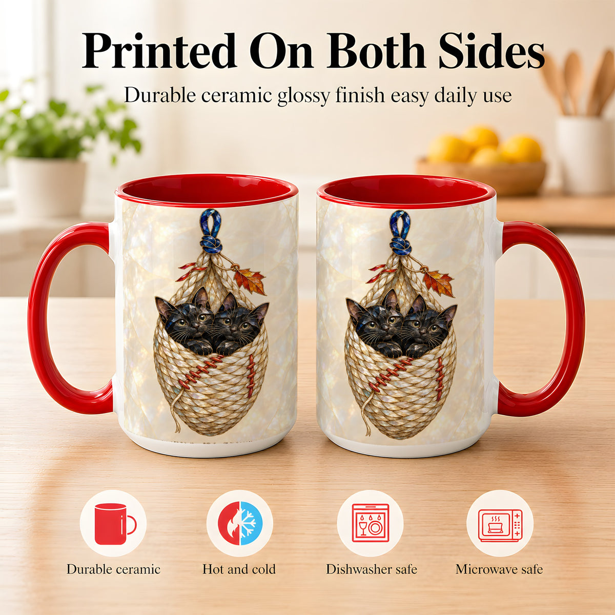 #pl[15oz|Red] Stained Glass Black Cats Coffee Mug, Cat Basket Mug, Ceramic Cup