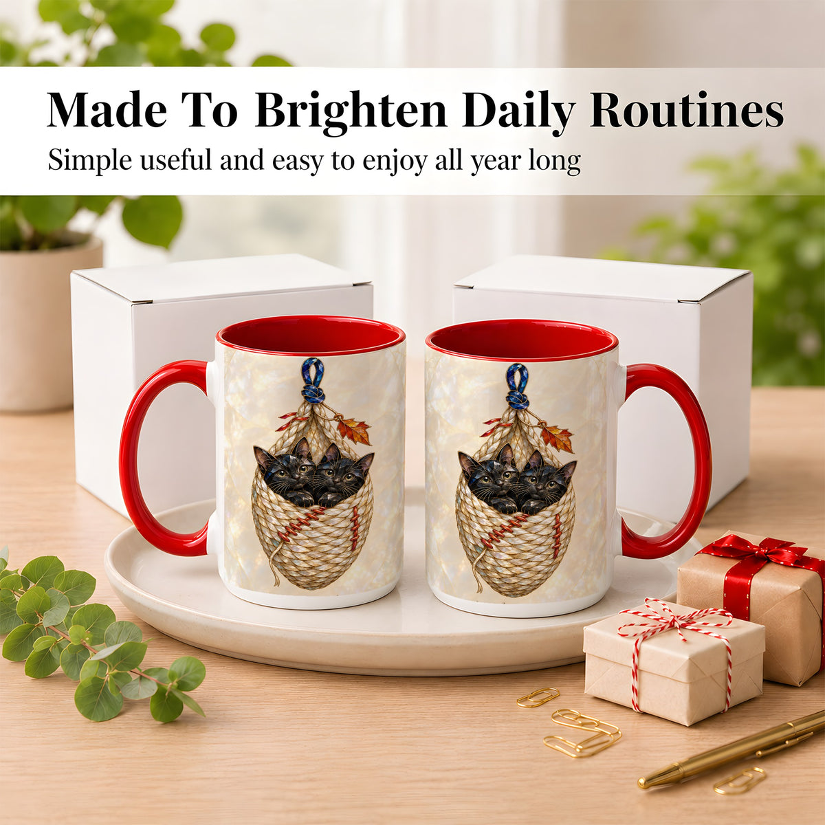 #pl[15oz|Red] Stained Glass Black Cats Coffee Mug, Cat Basket Mug, Ceramic Cup
