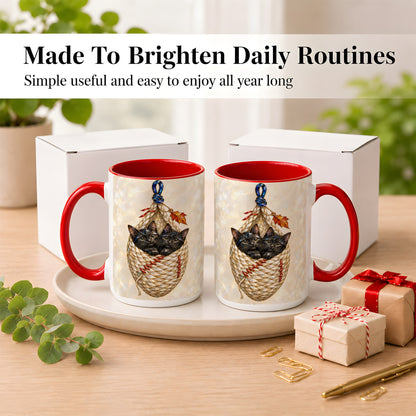 #pl[15oz|Red] Stained Glass Black Cats Coffee Mug, Cat Basket Mug, Ceramic Cup