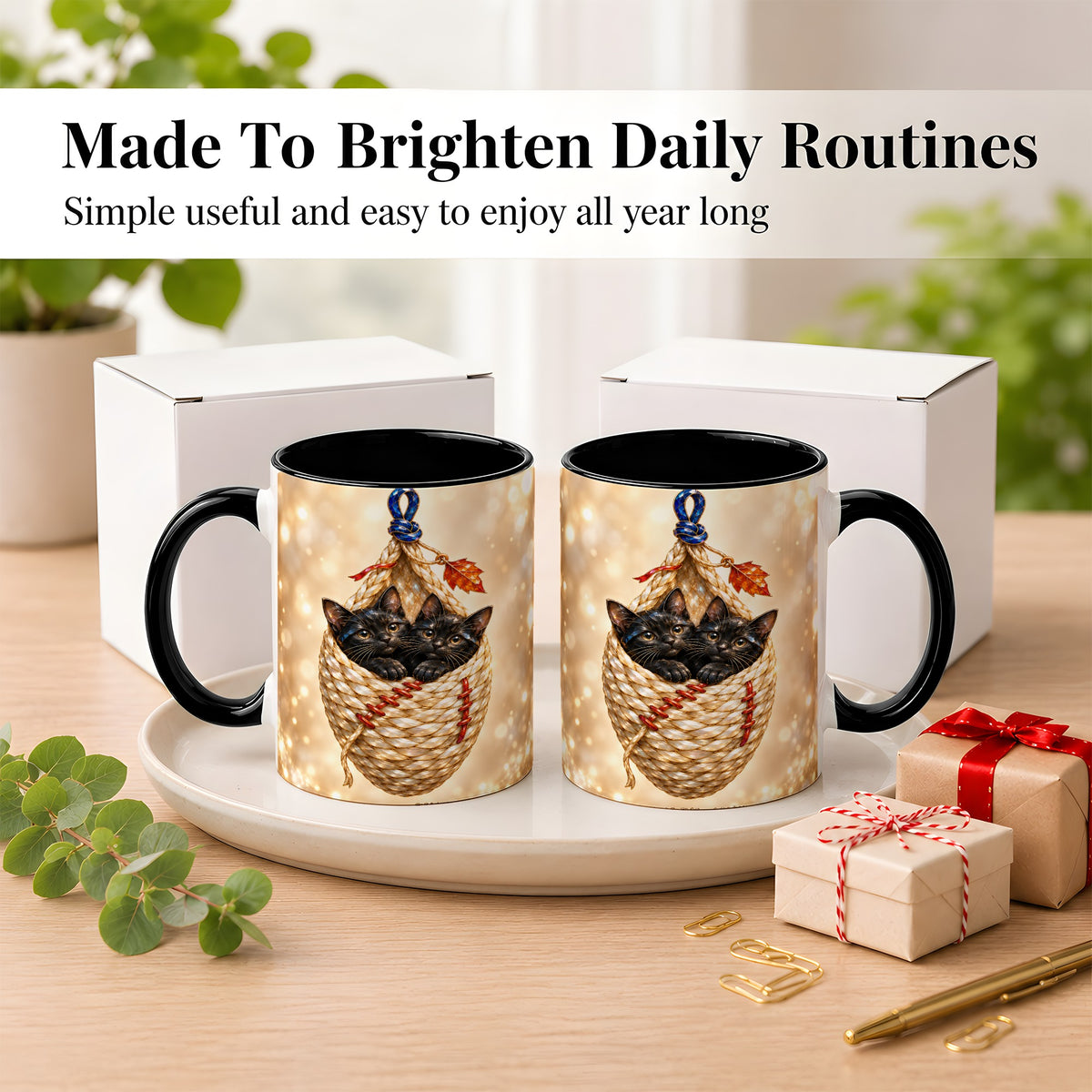 #pl[11oz|Black] Luminous Black Cats Coffee Mug, Cat Basket Mug, Ceramic Cup