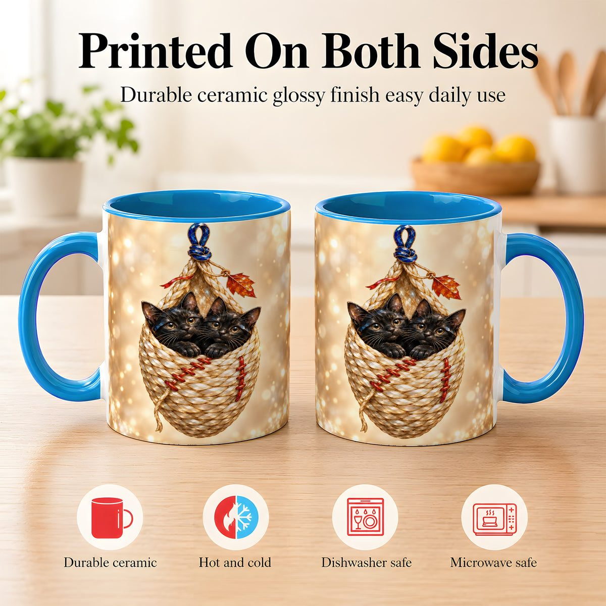 #pl[11oz|Blue] Luminous Black Cats Coffee Mug, Cat Basket Mug, Ceramic Cup