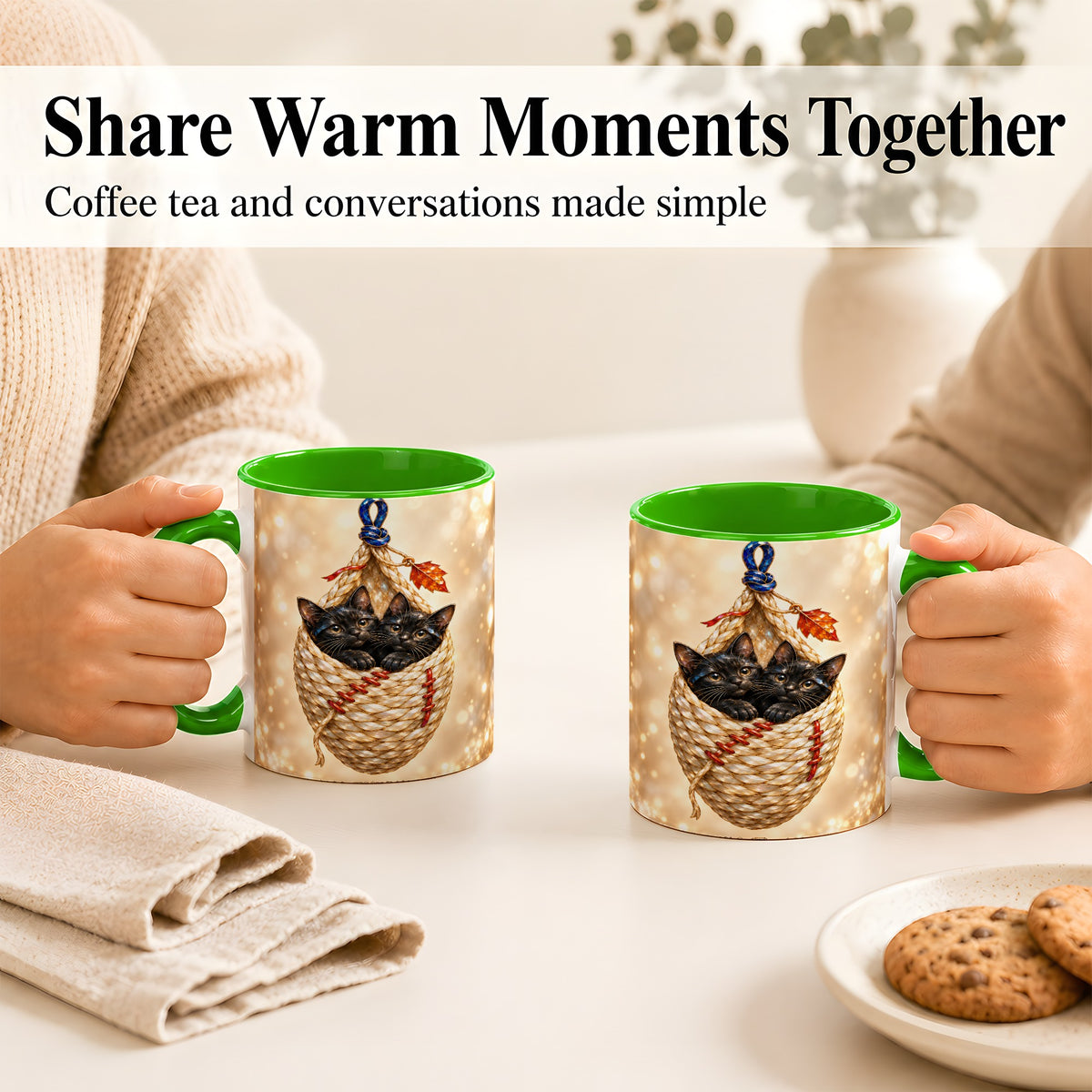 #pl[11oz|Green] Luminous Black Cats Coffee Mug, Cat Basket Mug, Ceramic Cup