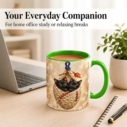 #pl[11oz|Green] Luminous Black Cats Coffee Mug, Cat Basket Mug, Ceramic Cup