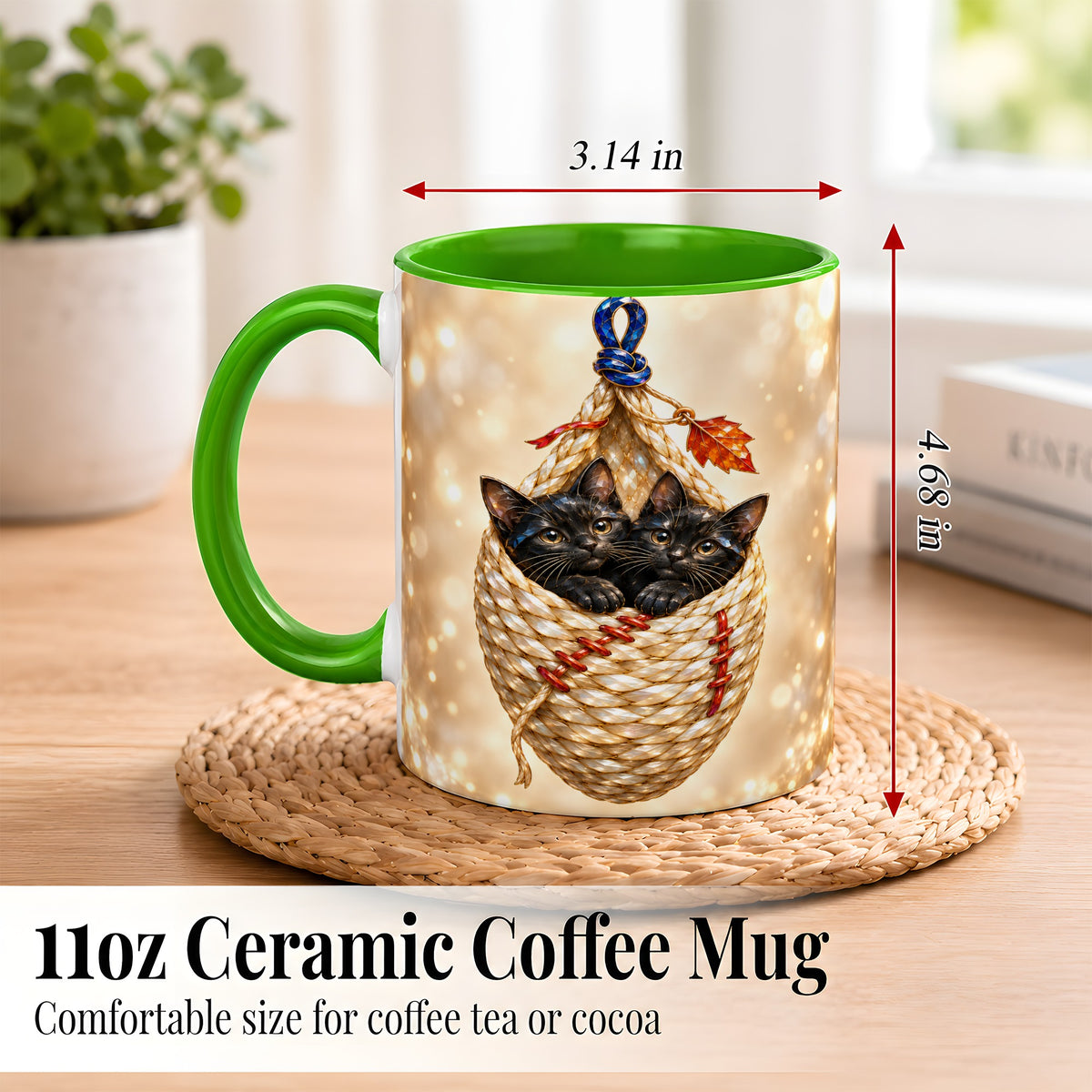 #pl[11oz|Green] Luminous Black Cats Coffee Mug, Cat Basket Mug, Ceramic Cup