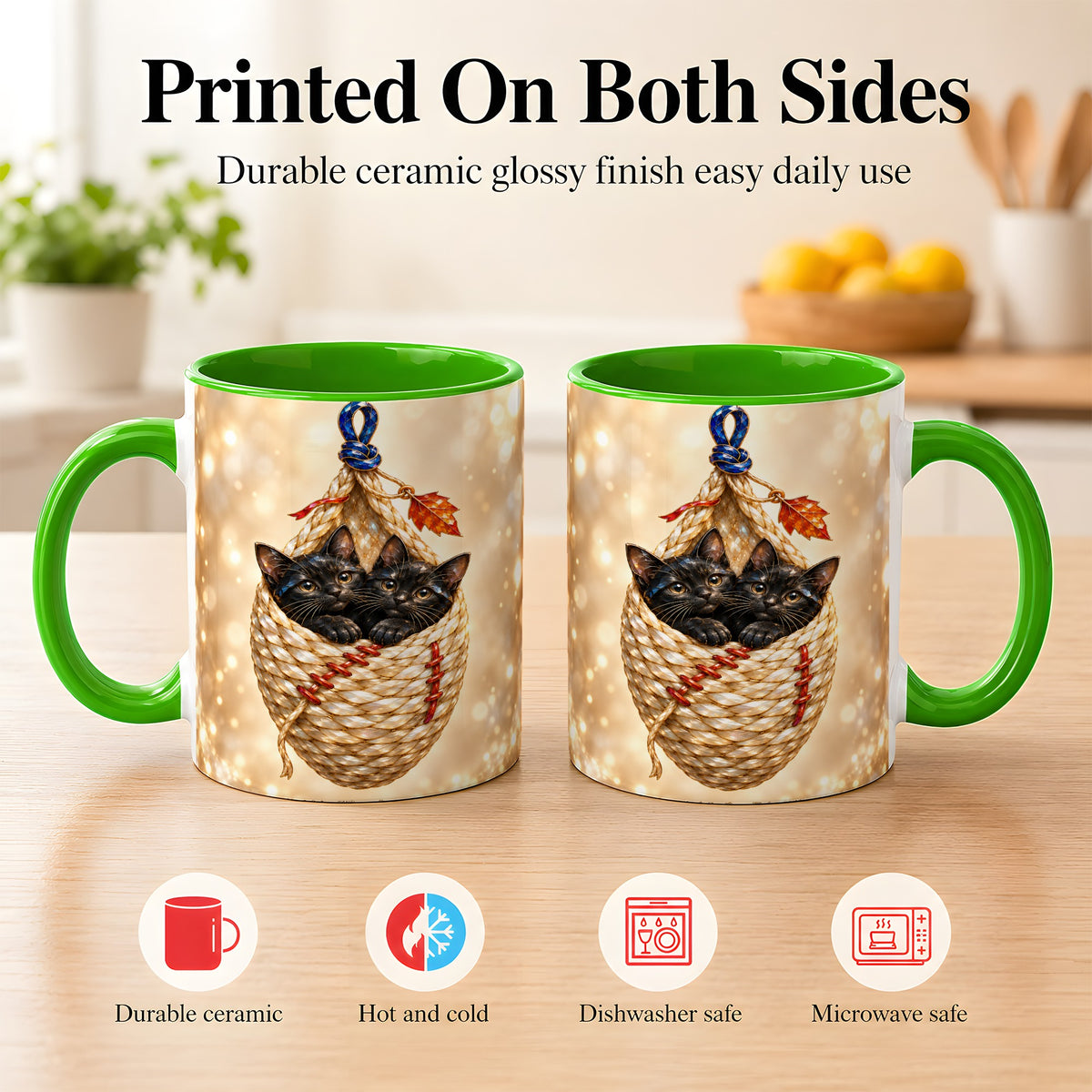 #pl[11oz|Green] Luminous Black Cats Coffee Mug, Cat Basket Mug, Ceramic Cup