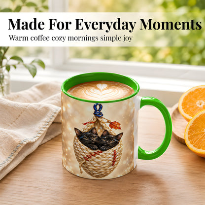 #pl[11oz|Green] Luminous Black Cats Coffee Mug, Cat Basket Mug, Ceramic Cup