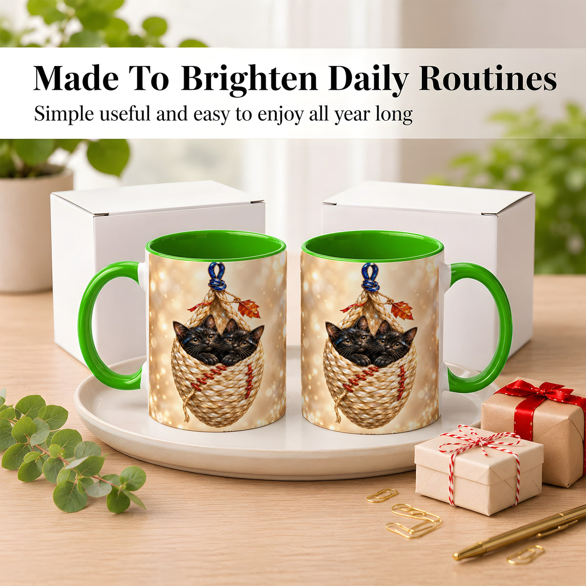 #pl[11oz|Green] Luminous Black Cats Coffee Mug, Cat Basket Mug, Ceramic Cup