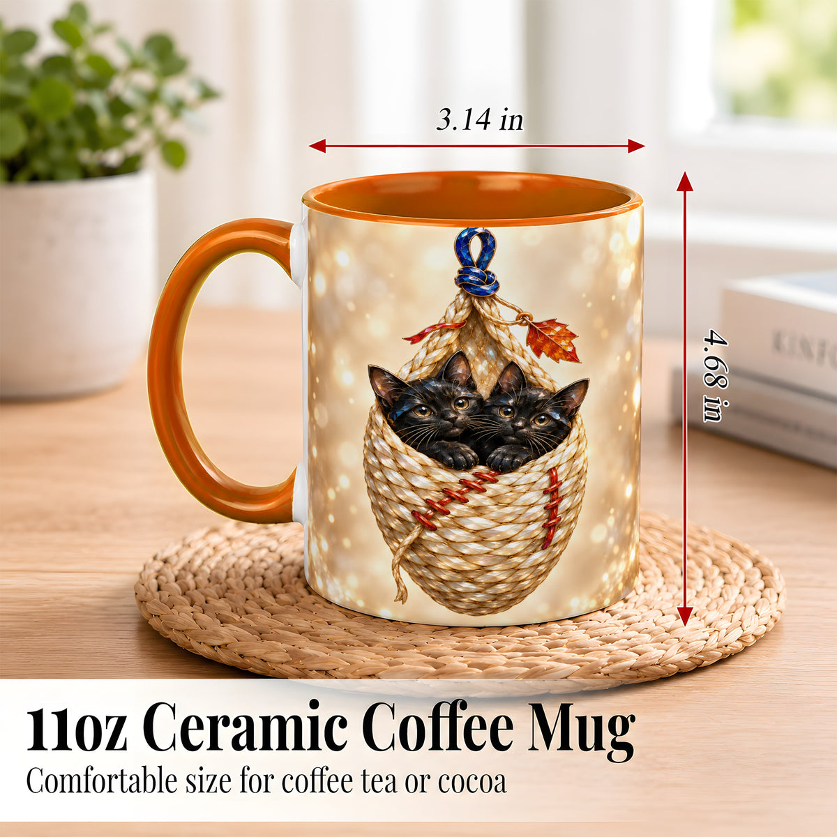 #pl[11oz|Orange] Luminous Black Cats Coffee Mug, Cat Basket Mug, Ceramic Cup