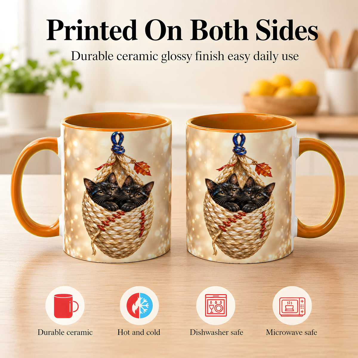 #pl[11oz|Orange] Luminous Black Cats Coffee Mug, Cat Basket Mug, Ceramic Cup