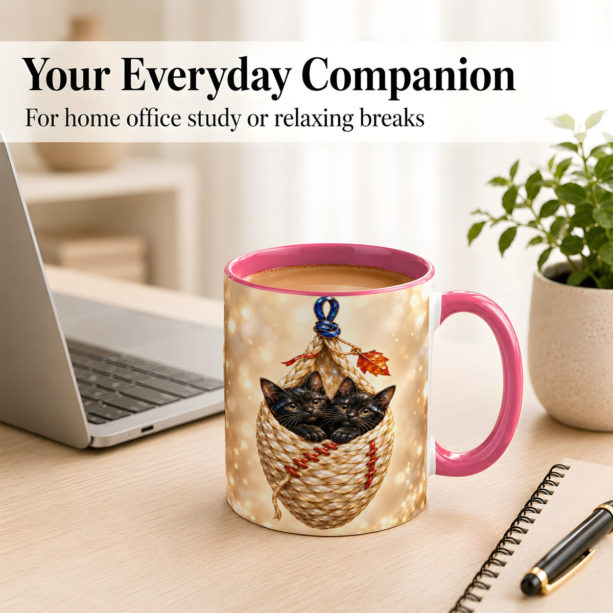 #pl[11oz|Pink] Luminous Black Cats Coffee Mug, Cat Basket Mug, Ceramic Cup