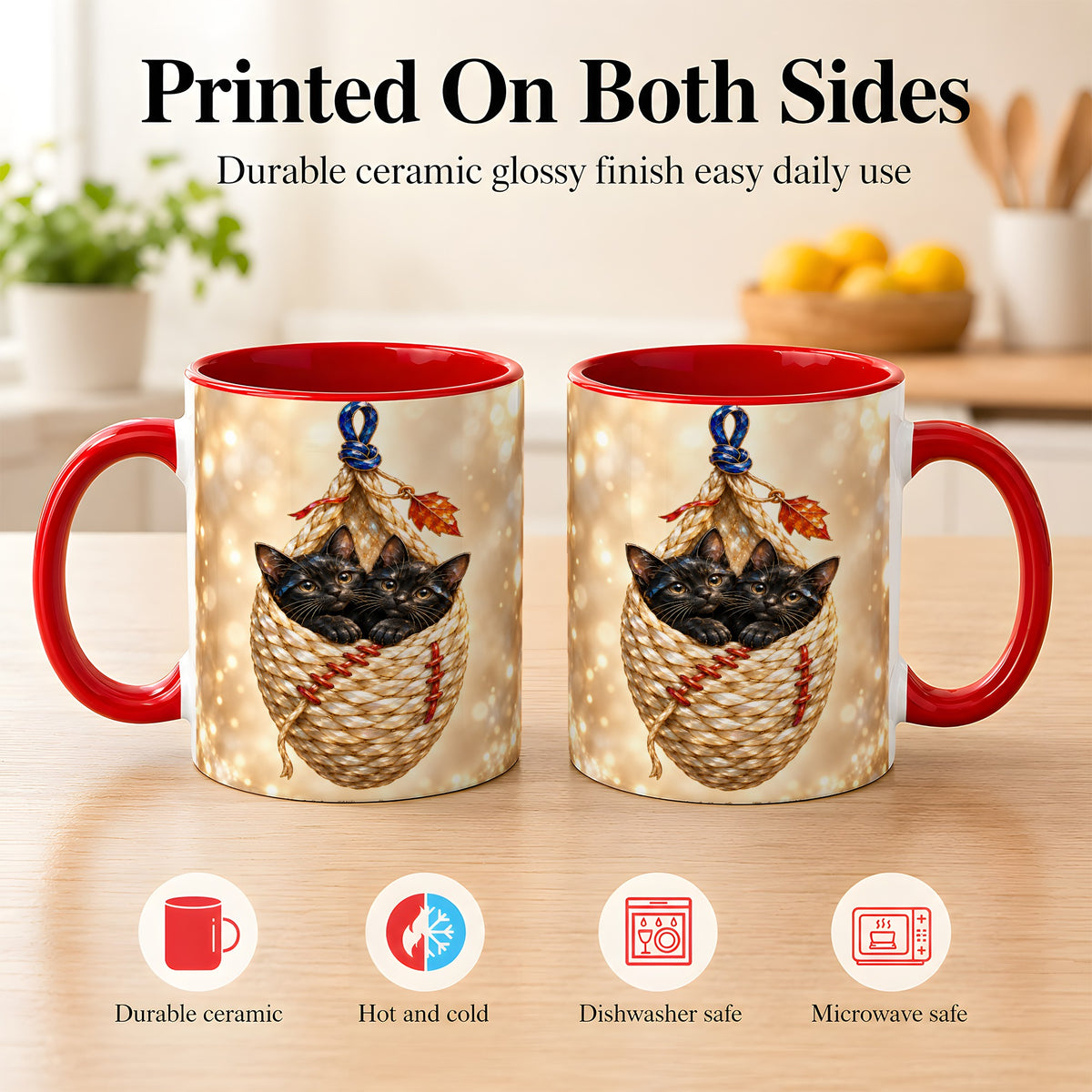 #pl[11oz|Red] Luminous Black Cats Coffee Mug, Cat Basket Mug, Ceramic Cup