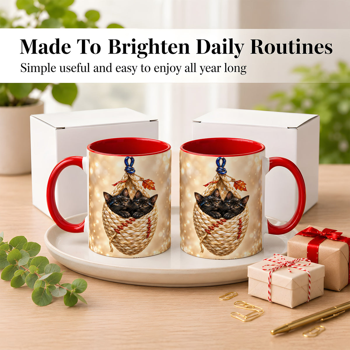 #pl[11oz|Red] Luminous Black Cats Coffee Mug, Cat Basket Mug, Ceramic Cup