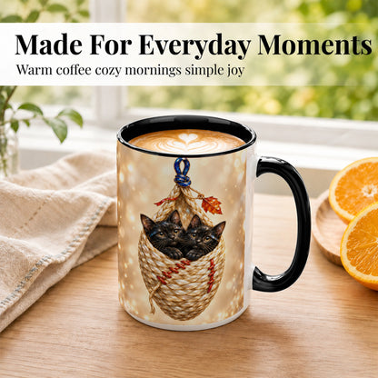 #pl[15oz|Black] Luminous Black Cats Coffee Mug, Cat Basket Mug, Ceramic Cup