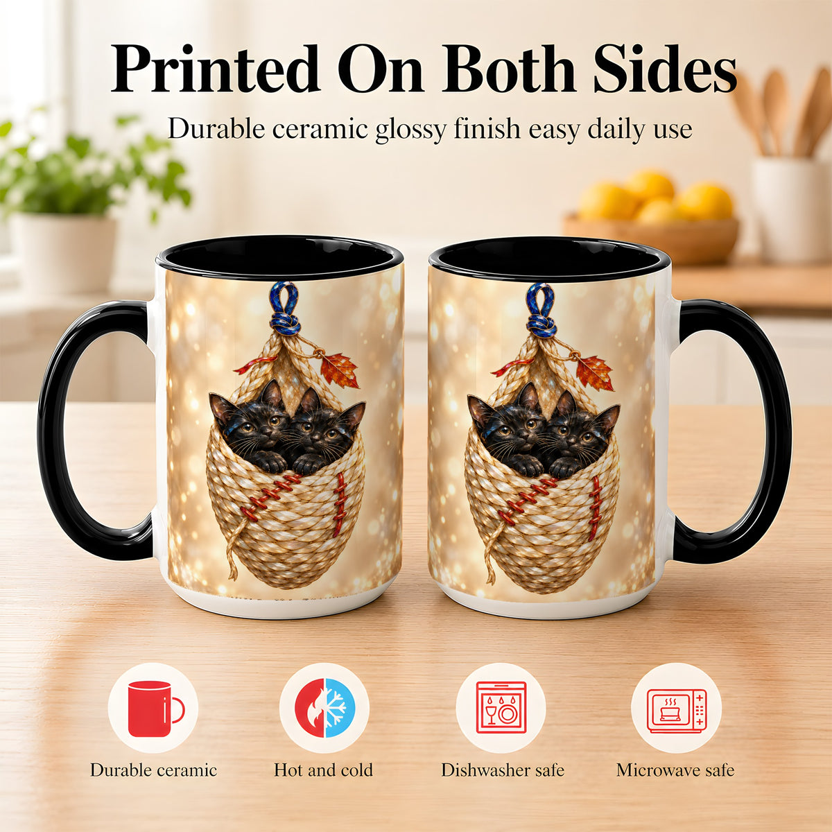 #pl[15oz|Black] Luminous Black Cats Coffee Mug, Cat Basket Mug, Ceramic Cup