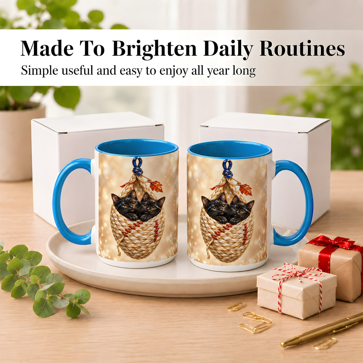 #pl[15oz|Blue] Luminous Black Cats Coffee Mug, Cat Basket Mug, Ceramic Cup