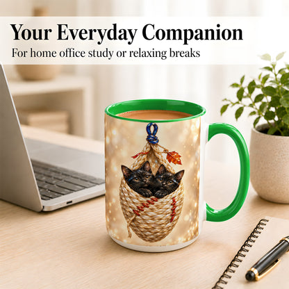 #pl[15oz|Green] Luminous Black Cats Coffee Mug, Cat Basket Mug, Ceramic Cup