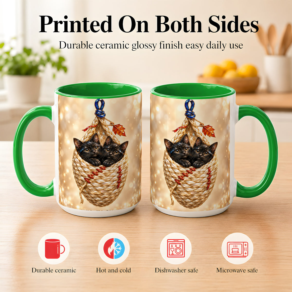 #pl[15oz|Green] Luminous Black Cats Coffee Mug, Cat Basket Mug, Ceramic Cup