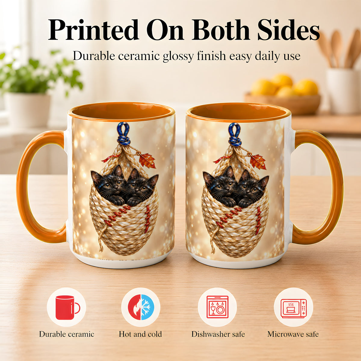 #pl[15oz|Orange] Luminous Black Cats Coffee Mug, Cat Basket Mug, Ceramic Cup