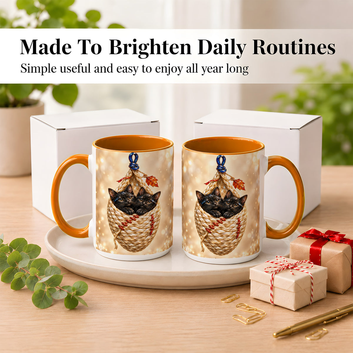 #pl[15oz|Orange] Luminous Black Cats Coffee Mug, Cat Basket Mug, Ceramic Cup