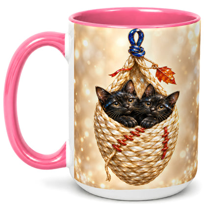 #pl[15oz|Pink] Luminous Black Cats Coffee Mug, Cat Basket Mug, Ceramic Cup
