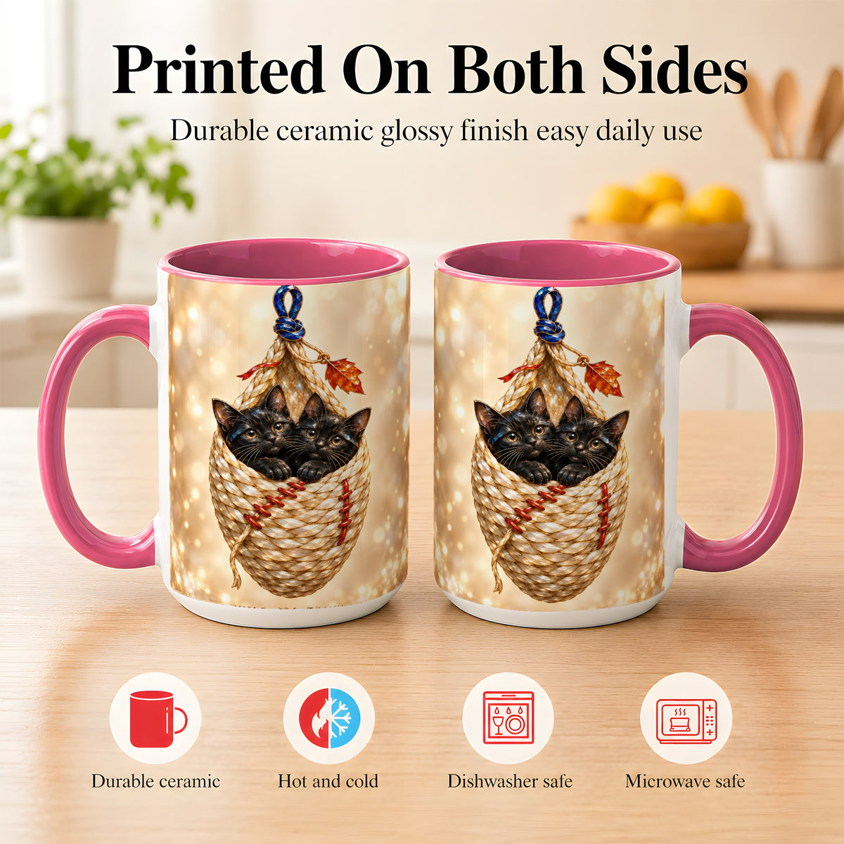 #pl[15oz|Pink] Luminous Black Cats Coffee Mug, Cat Basket Mug, Ceramic Cup