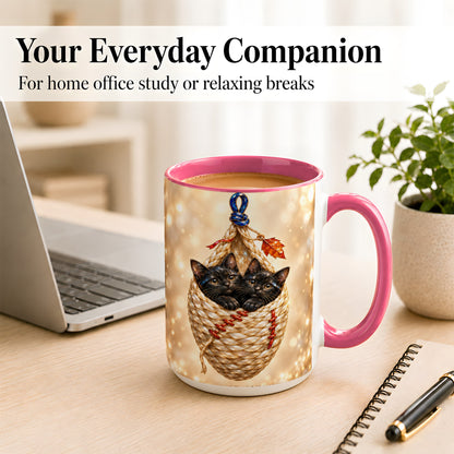 #pl[15oz|Pink] Luminous Black Cats Coffee Mug, Cat Basket Mug, Ceramic Cup