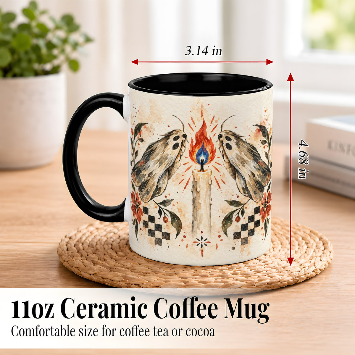 #pl[11oz|Black] Moth Candle Coffee Mug, Folk Floral Moth Mug, Ceramic Cup