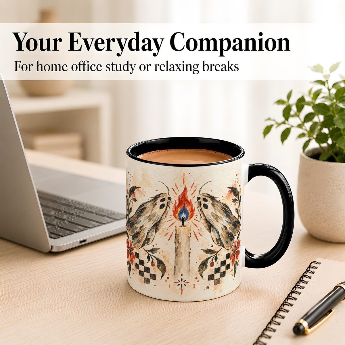 #pl[11oz|Black] Moth Candle Coffee Mug, Folk Floral Moth Mug, Ceramic Cup