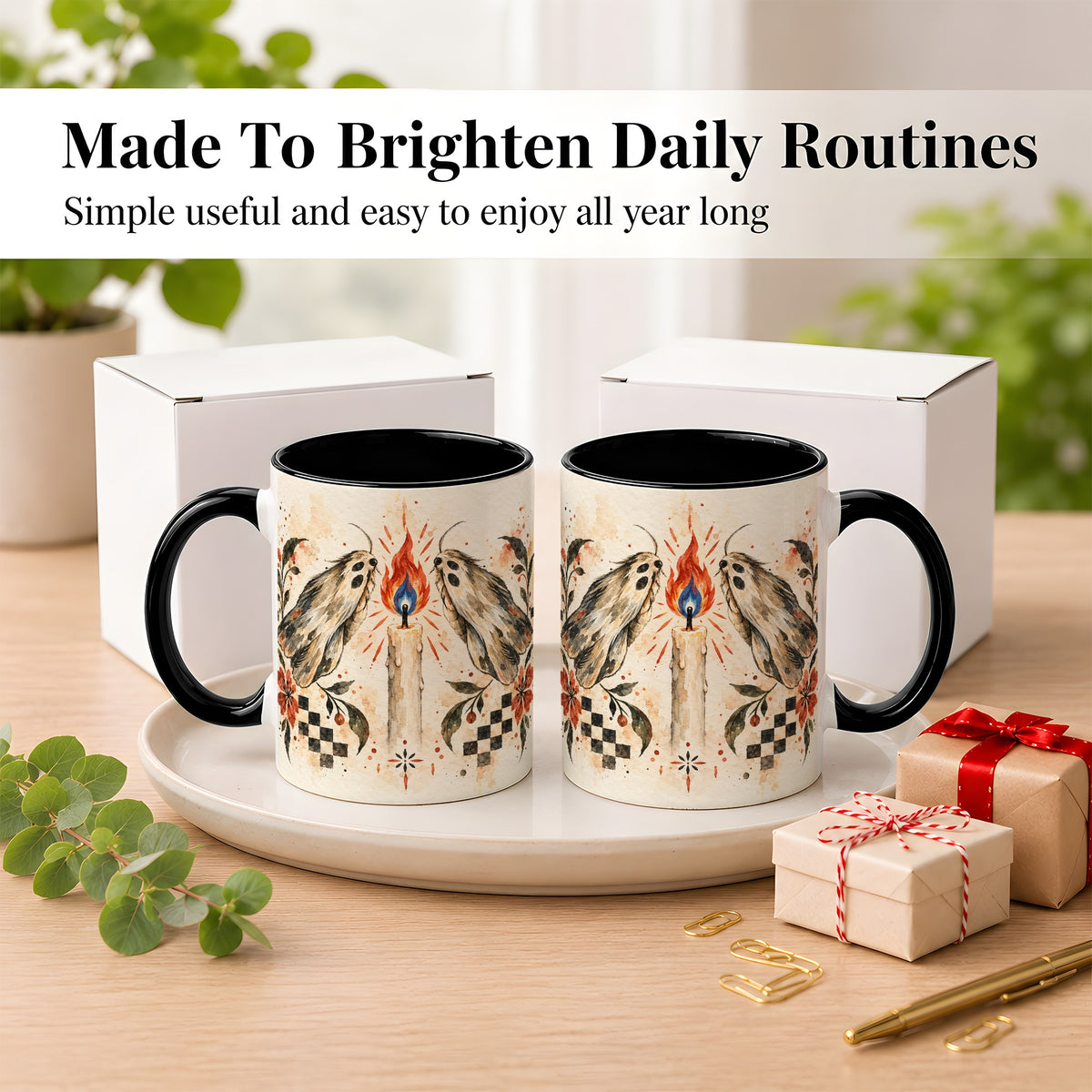 #pl[11oz|Black] Moth Candle Coffee Mug, Folk Floral Moth Mug, Ceramic Cup