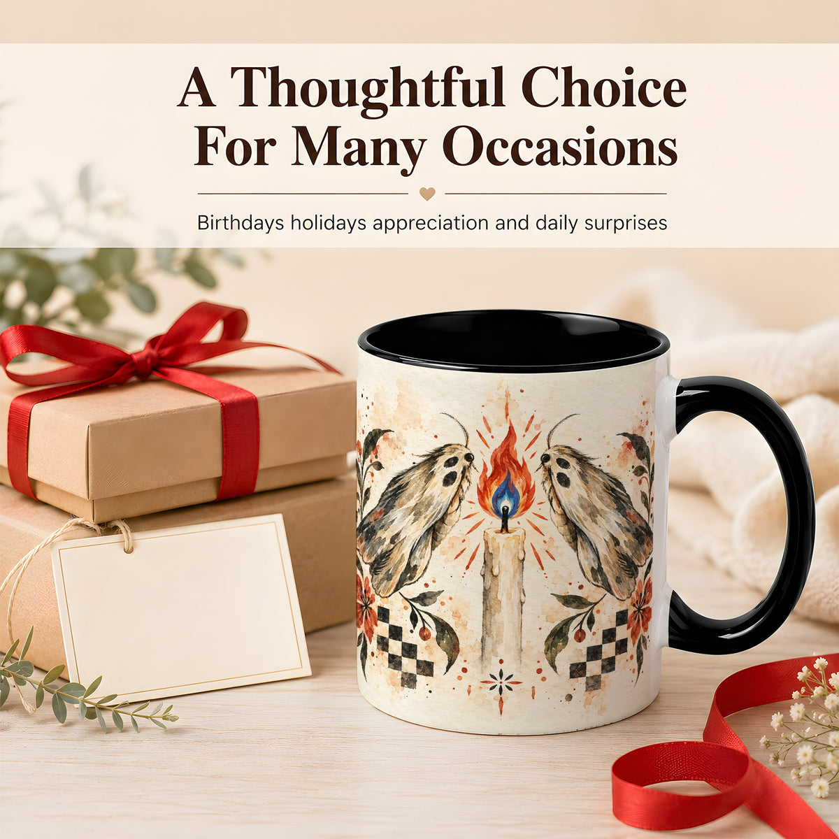 #pl[11oz|Black] Moth Candle Coffee Mug, Folk Floral Moth Mug, Ceramic Cup