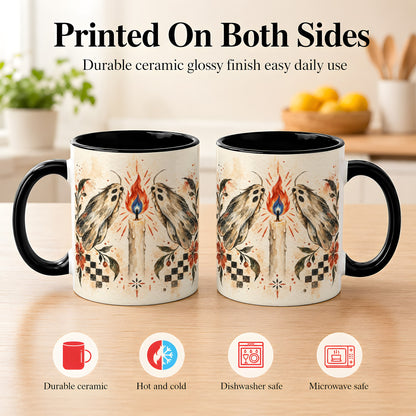 #pl[11oz|Black] Moth Candle Coffee Mug, Folk Floral Moth Mug, Ceramic Cup