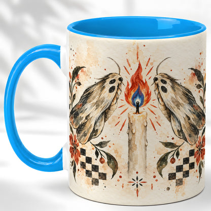 #pl[11oz|Blue] Moth Candle Coffee Mug, Folk Floral Moth Mug, Ceramic Cup