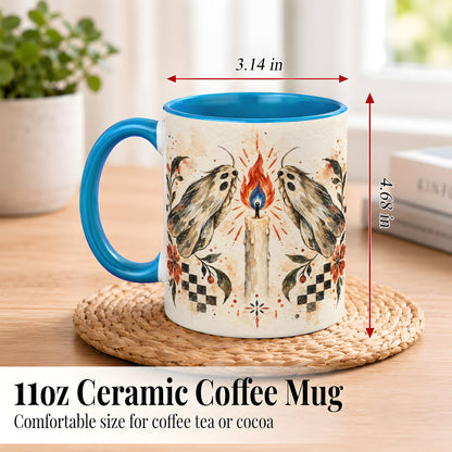 #pl[11oz|Blue] Moth Candle Coffee Mug, Folk Floral Moth Mug, Ceramic Cup
