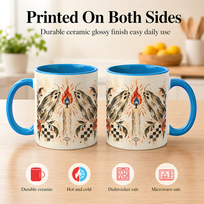 #pl[11oz|Blue] Moth Candle Coffee Mug, Folk Floral Moth Mug, Ceramic Cup