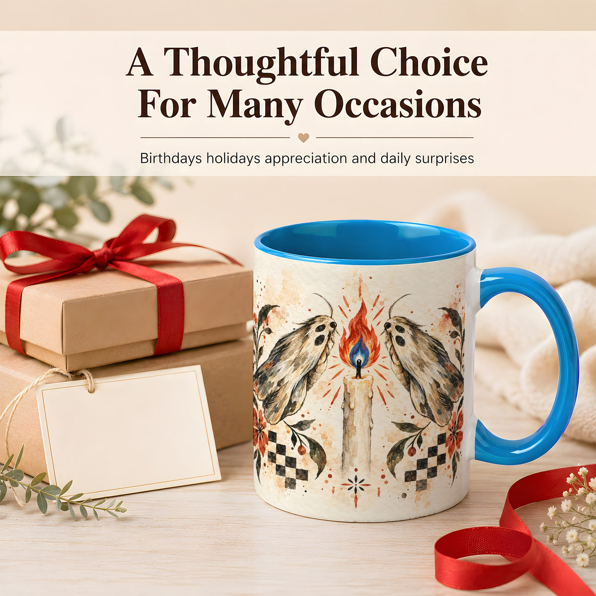#pl[11oz|Blue] Moth Candle Coffee Mug, Folk Floral Moth Mug, Ceramic Cup