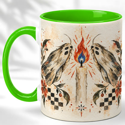 #pl[11oz|Green] Moth Candle Coffee Mug, Folk Floral Moth Mug, Ceramic Cup