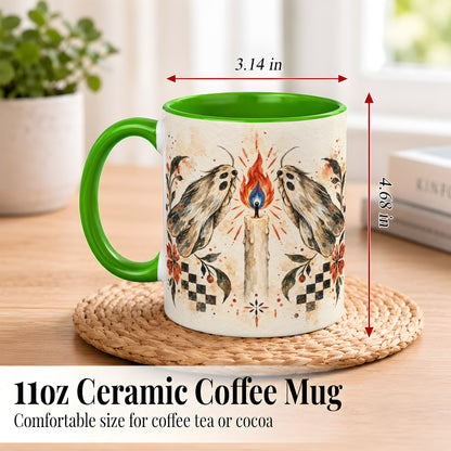 #pl[11oz|Green] Moth Candle Coffee Mug, Folk Floral Moth Mug, Ceramic Cup