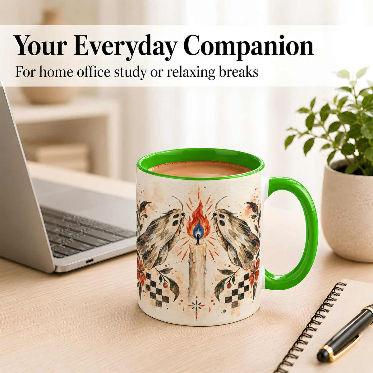 #pl[11oz|Green] Moth Candle Coffee Mug, Folk Floral Moth Mug, Ceramic Cup