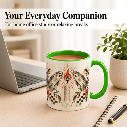 #pl[11oz|Green] Moth Candle Coffee Mug, Folk Floral Moth Mug, Ceramic Cup