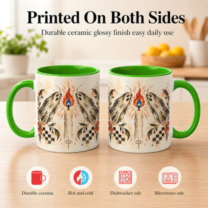 #pl[11oz|Green] Moth Candle Coffee Mug, Folk Floral Moth Mug, Ceramic Cup