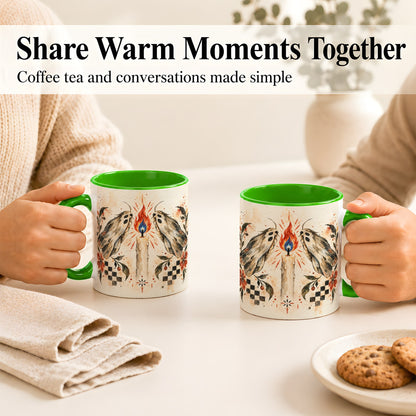 #pl[11oz|Green] Moth Candle Coffee Mug, Folk Floral Moth Mug, Ceramic Cup